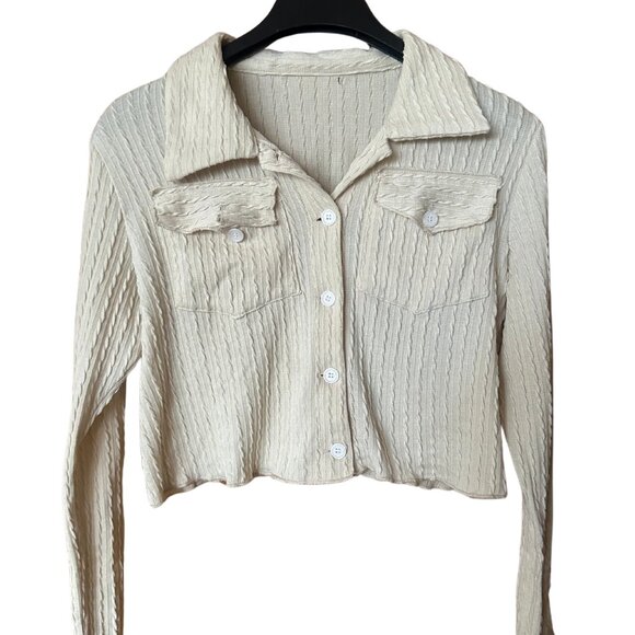 CIDER Off-White Ribbed Cropped Button Up - Picture 1 of 3